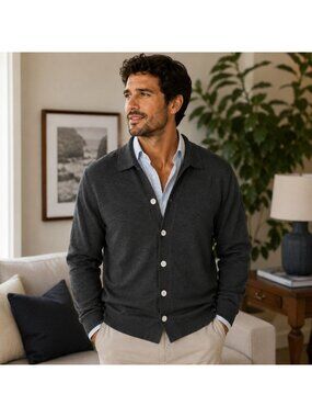 Dark Gray Button-Up Cardigan Sweater LS Collared Medium Lightweight Minimalist